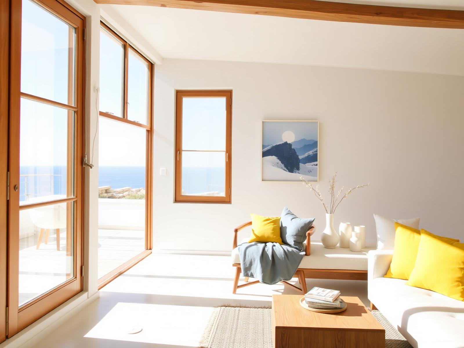Bright sunlit interior with sea view